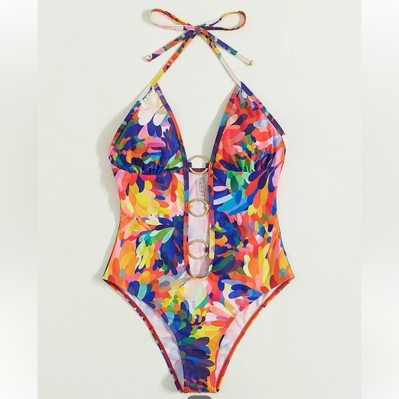 Shein multicolored deep V halter one piece swimsuit size small New in bag - Picture 8 of 8